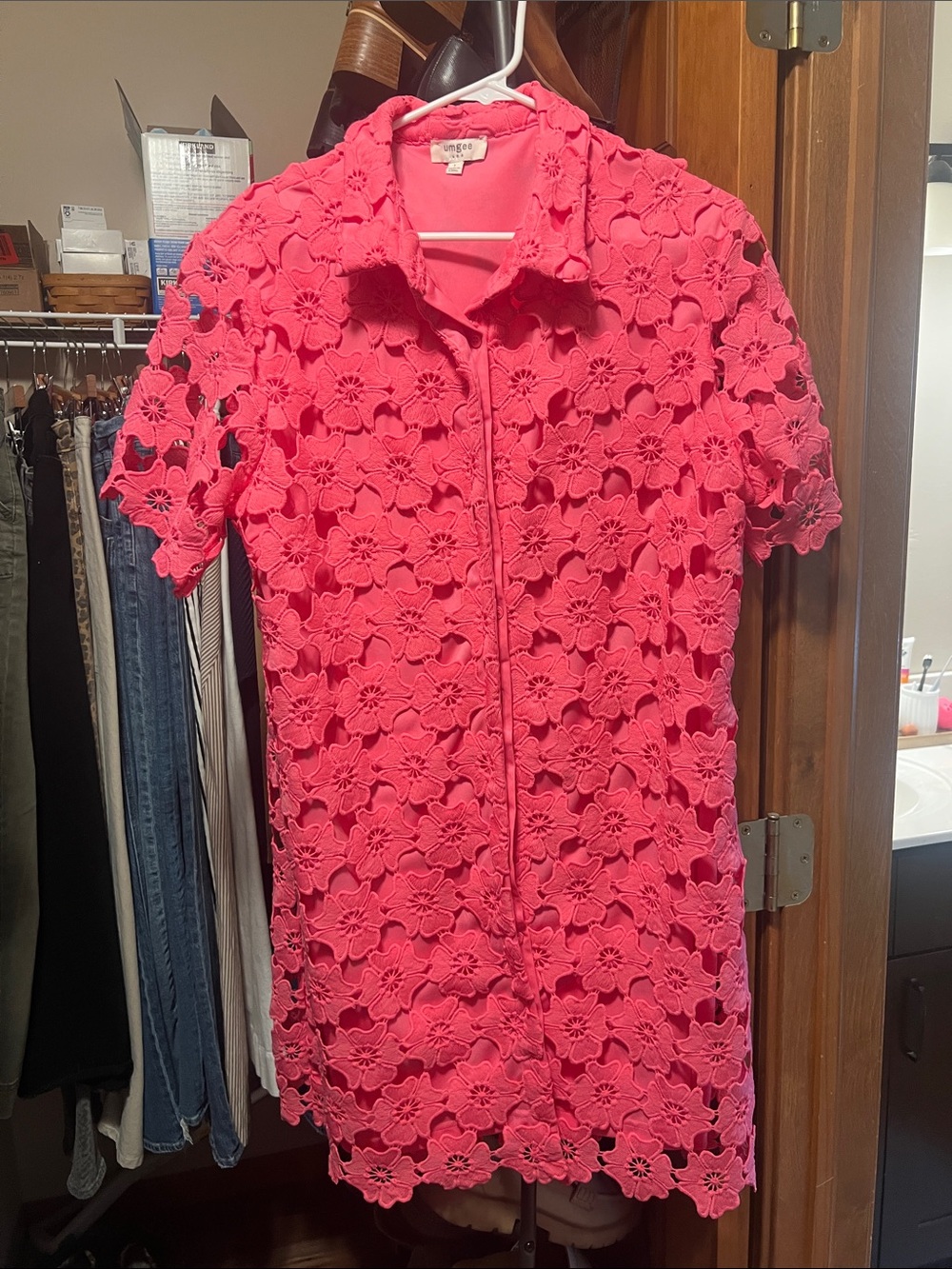 Umgee Coral Floral Lace Button Front Shirt Dress